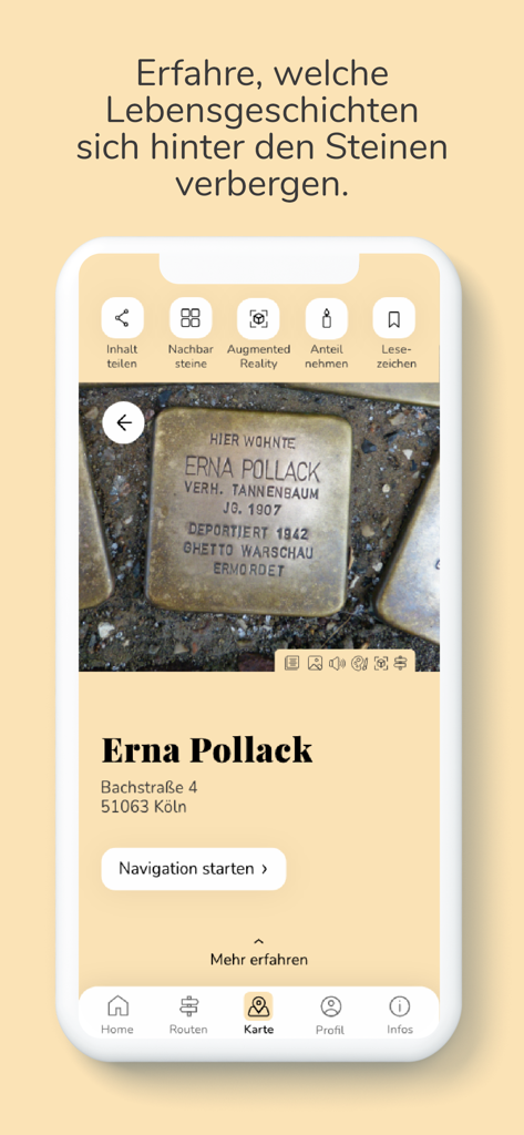 Stolpersteine NRW - Stolpersteine NRW mobile app displaying the biography and memorial stone for Erna Pollack.