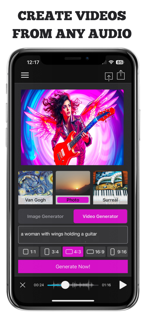 AI Music Video Generator MAIVE - Interface of MAIVE app showing AI video generation from text and audio for creators
