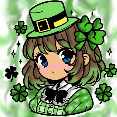 a manga-style girl with clovers around her, a little hat in her hair, like it's saint patrick's day