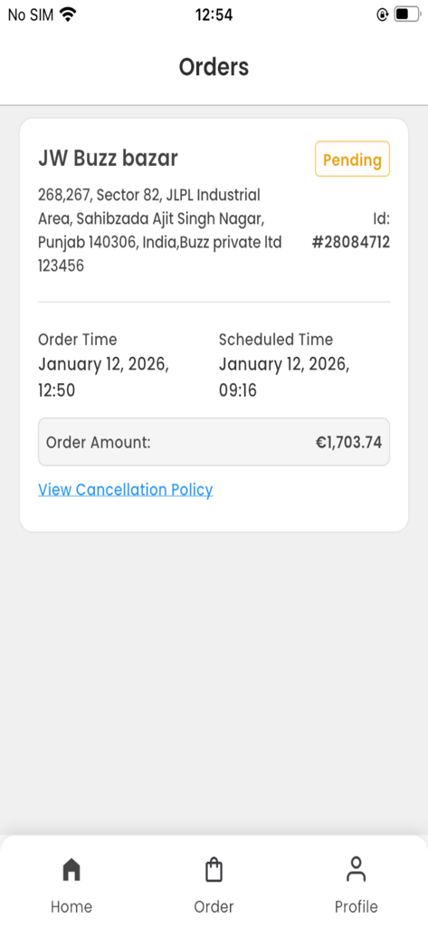 Buzz MT - The Buzz MT app orders screen displaying a pending order summary with status and amount details