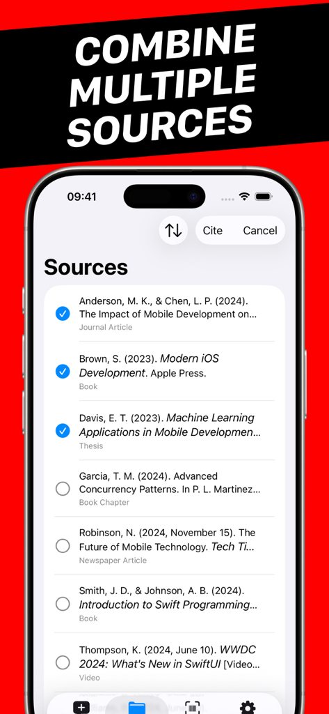 APA Citation Generator - Solon - Interfaz de la aplicación Solon Generador de Citas APA que muestra una lista de fuentes bibliográficas seleccionadas para combinarlas en una cita.