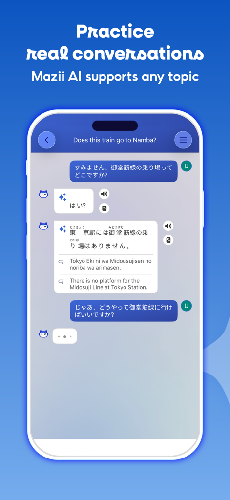 Mazii: Dict. to learn Japanese - Interface mostrando uma prática de conversação em japonês com IA no aplicativo Mazii com traduções e furigana.