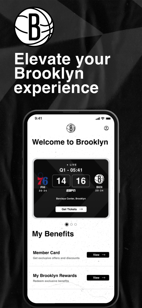 Brooklyn Nets - 브루클린 네츠 공식 앱 홈 화면 인터페이스가 라이브 경기 점수와 팬 회원 혜택을 보여줍니다.