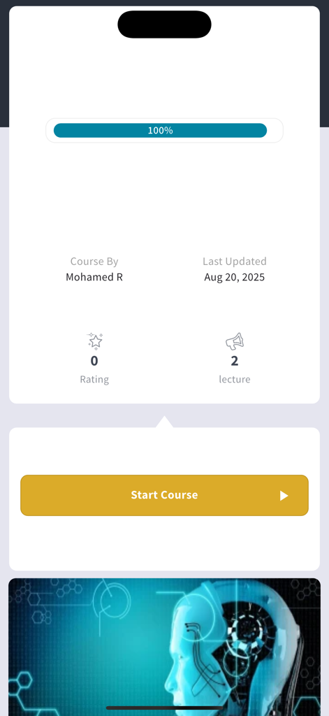 Physics With Mo ali - Pantalla de resumen del curso en la aplicación Physics With Mo Ali con un botón de inicio de curso.