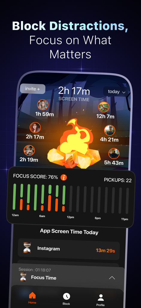 Bonfire: Screen Time Blocker - Bonfire app dashboard displaying focus score and screen time statistics