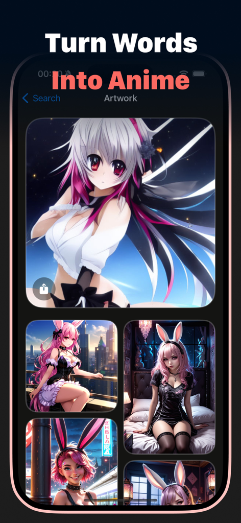 モバイルアプリのインターフェース：AI生成されたアニメキャラクターと「言葉をアニメに変える」というテキストを表示