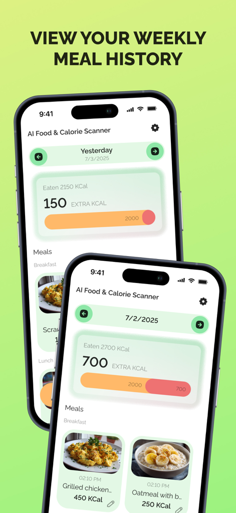 AI Food & Calorie Scanner - Panel del historial de comidas semanal que muestra la ingesta calórica diaria y las comidas registradas con fotos