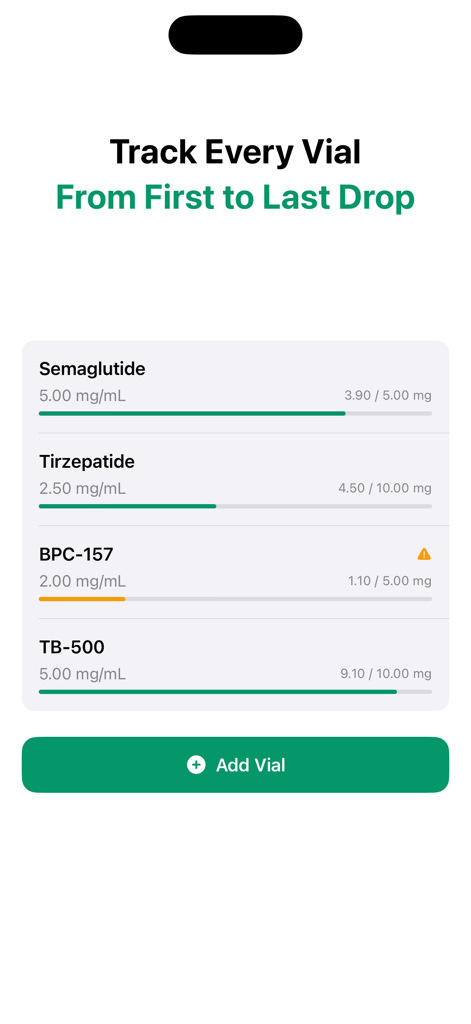 CalcPep mobile app interface displaying a list of tracked peptide vials with visual progress bars showing remaining amounts for Semaglutide and Tirzepatide.