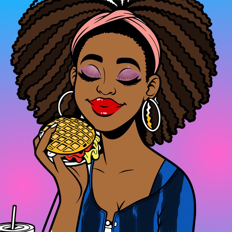an african american woman eating a waffle burger realistic