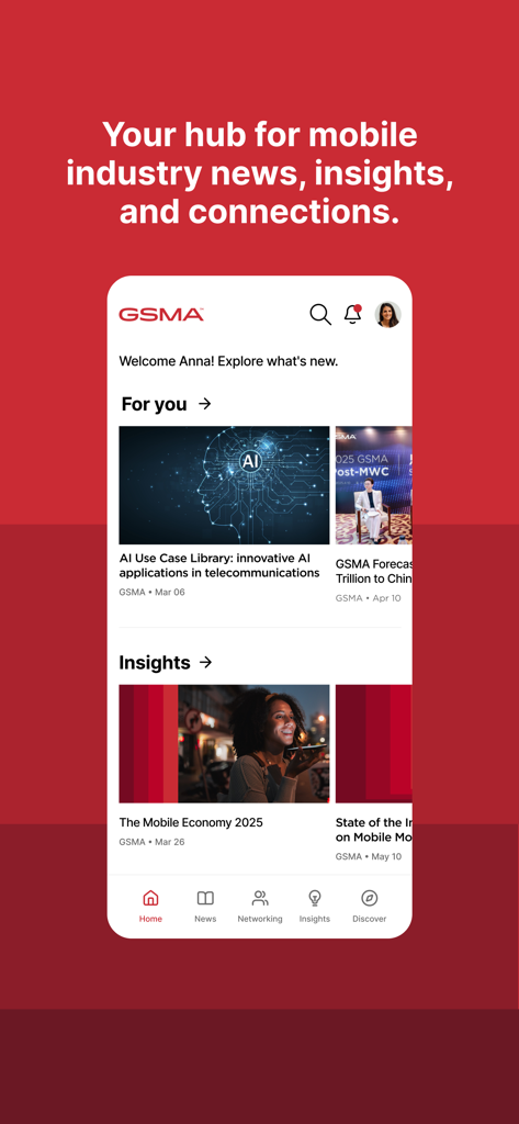 GSMA app home screen showing mobile industry news, AI insights, and professional networking features.