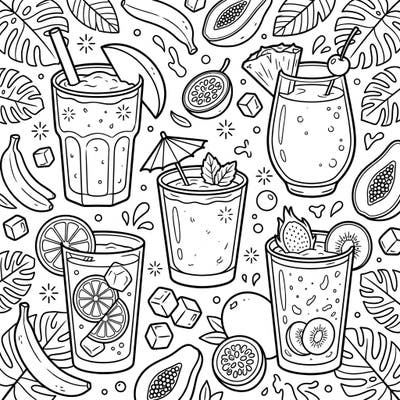 Quench your creative thirst with this vibrant tropical smoothies and juices coloring page. Featuring a delightful assortment of exotic drinks and fruits, it's perfect for a relaxing coloring session.