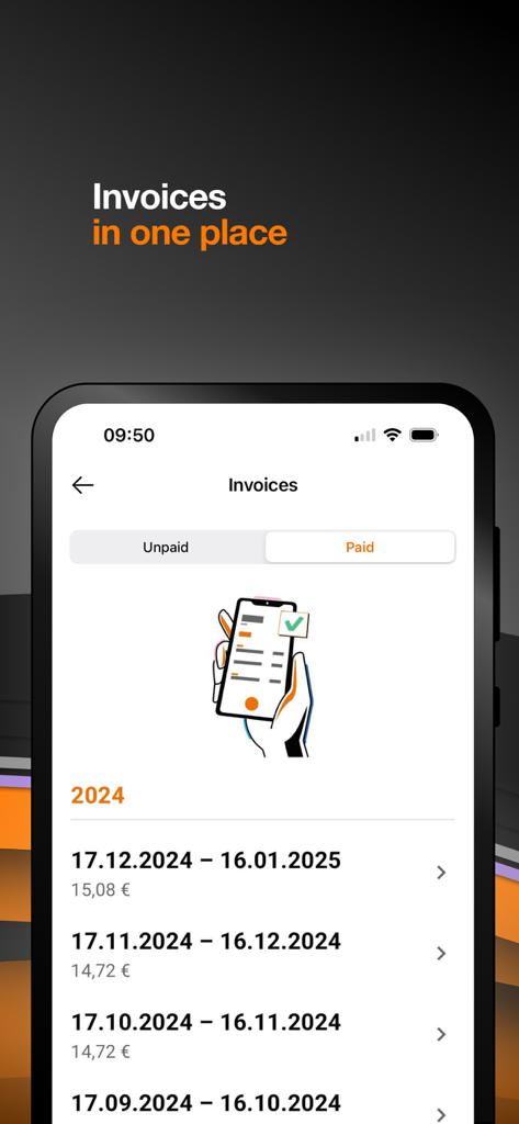 Moj Orange app screen showing a list of paid invoices with dates and amounts