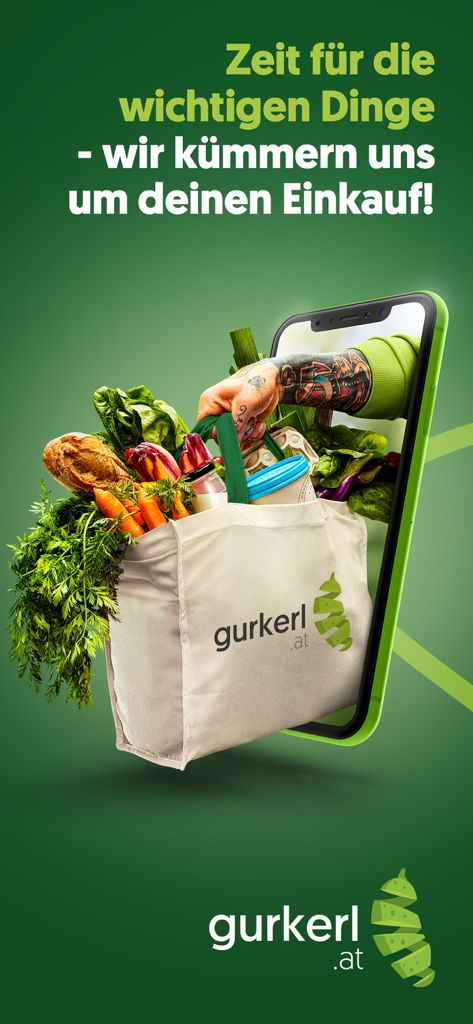 Gurkerl.at - A hand holding a fresh grocery bag emerging from a smartphone screen representing the Gurkerl delivery service