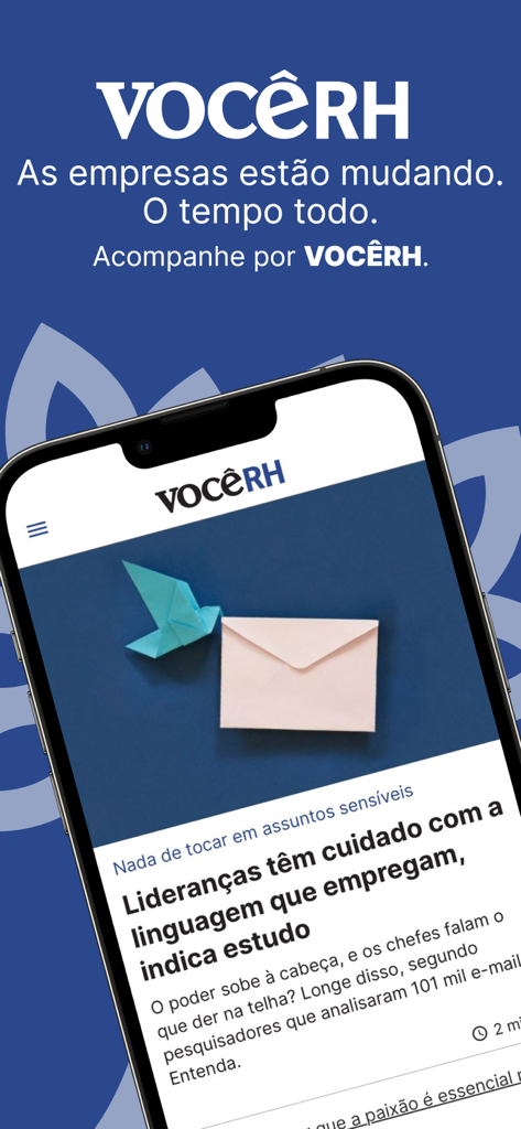 VOCÊ RH - Tela de smartphone exibindo o aplicativo VOCE RH com um artigo sobre liderança