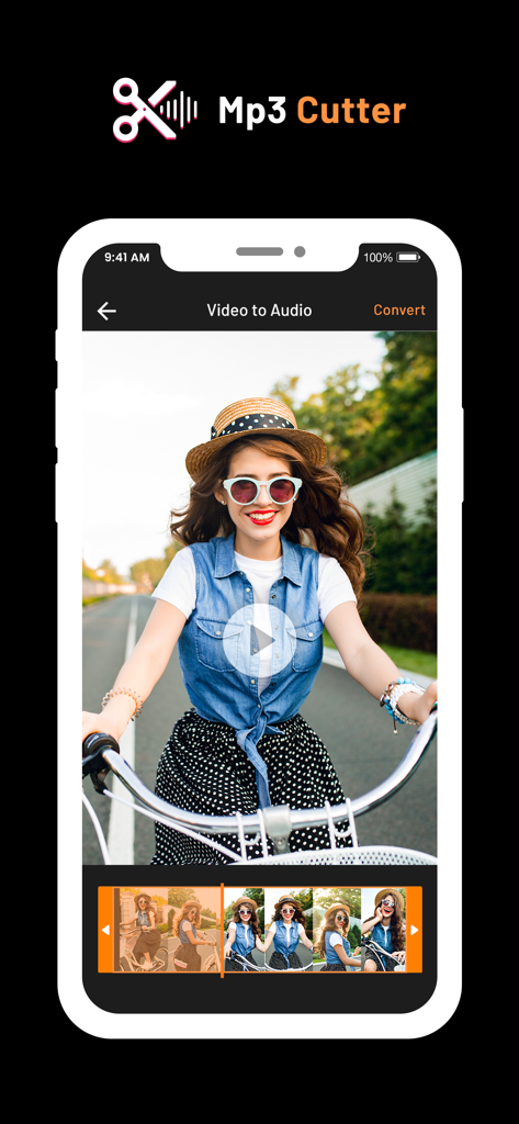 Écran de l'application MP3 Cutter montrant la conversion vidéo en audio avec une chronologie de découpage