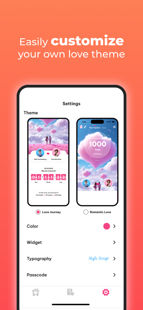 A screenshot of the Love Tracker app settings screen showing options to customize themes, colors, and typography for a personalized relationship counter.