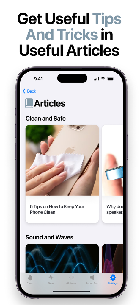 SpeakerTools: Sound Toolkit - A screenshot showing the articles section of the SpeakerTools app with tips on phone cleaning and sound waves.