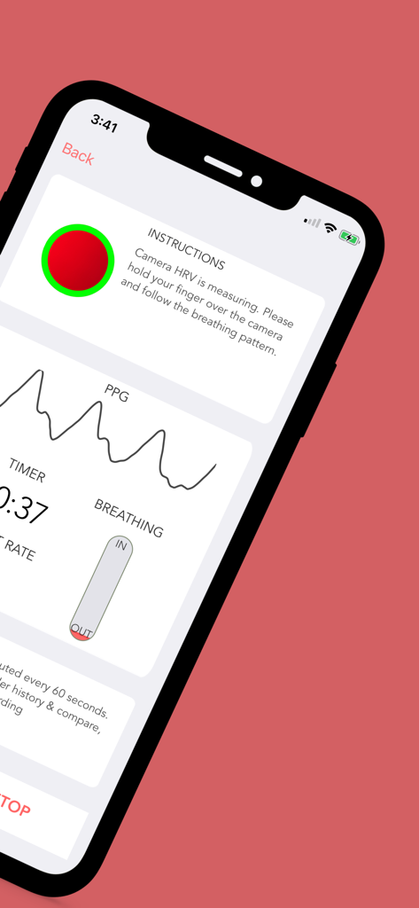 iPhone screen displaying heart rate variability measurement with real-time PPG pulse graph and breathing guide
