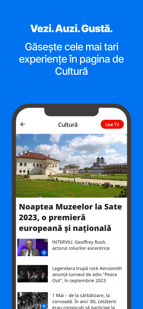 Interface of the Euronews Romania app showing the culture section with news articles about museums and entertainment