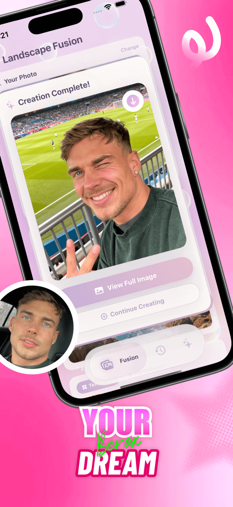 Berax - A screenshot of the Berax app showing a portrait merged into a stadium using AI fusion.