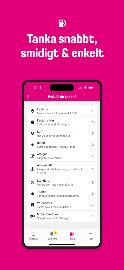 Screenshot der Comviq-Mobil-App, der eine Liste verschiedener Aufladeoptionen für Prepaid-Karten und mobile Daten anzeigt.