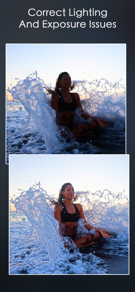 Relight - Better Photos - Before and after comparison of a beach photo showing lighting and exposure correction.