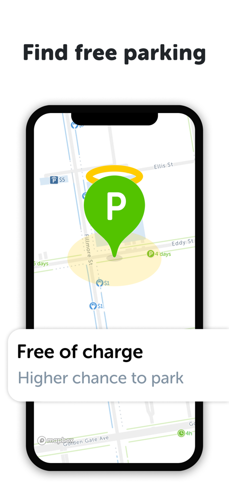 SpotAngels app screen showing free parking locations on a map
