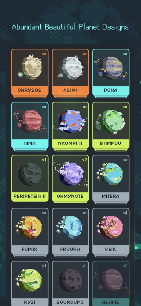 Exocus | Painless Focus - Una colección de diseños de planetas de pixel art coloridos disponibles para desbloquear en la aplicación Exocus
