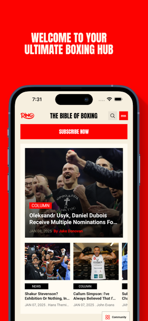 Ring Magazine mobile app interface showing boxing news articles and latest rankings.