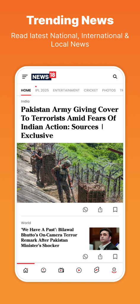 News18 mobile app interface showing trending news headlines and articles on an orange background