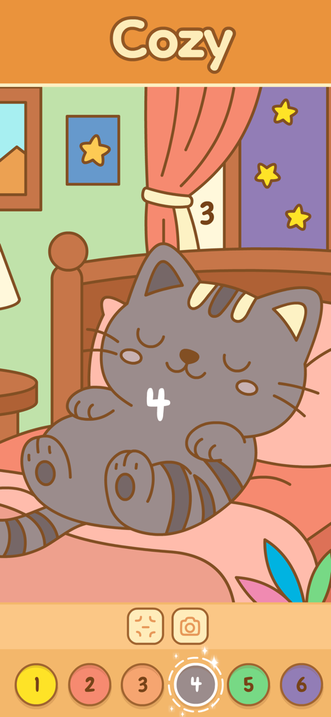 Eine niedliche graue Katze ruht auf einem Bett in einer entspannenden Malen-nach-Zahlen-Oberfläche.