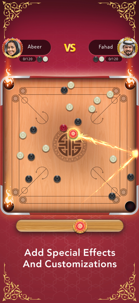 Carrom | كيرم Online Pool Game - Partida de Carrom en línea entre dos jugadores con efectos de striker y personalizaciones especiales.