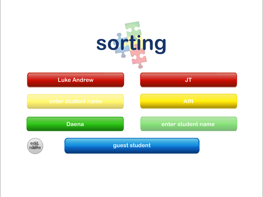 Autism iHelp – Sorting SLP - Student profile selection screen in the Autism iHelp Sorting app showing multiple color coded student slots and a guest option.