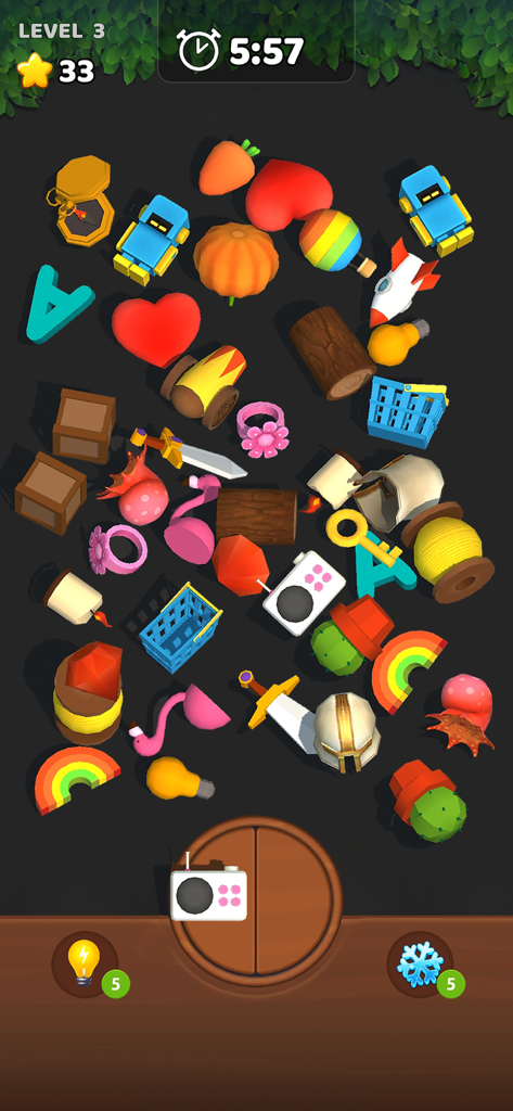 Matching puzzle gameplay with various colorful 3D objects and a timer.