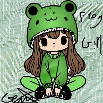 a girl wearing a frog hat and some frog socks
