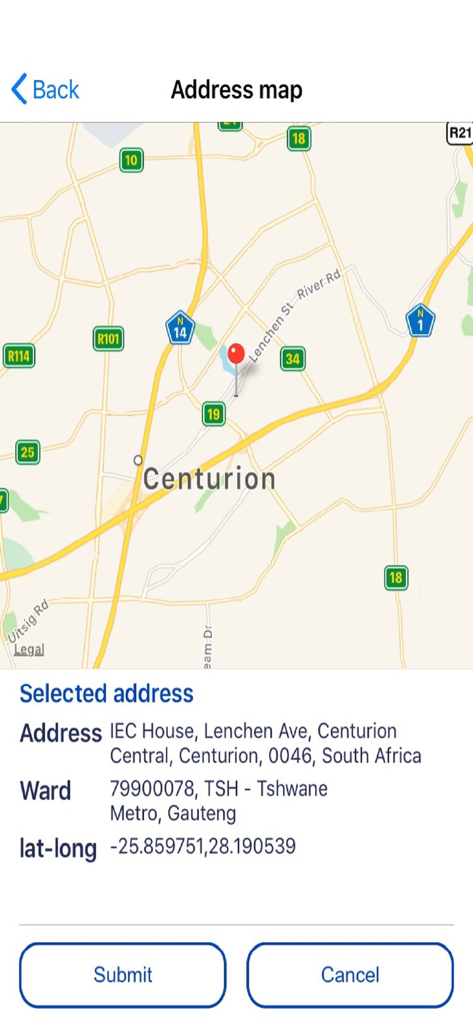 Tela do mapa de endereço no aplicativo IEC South Africa mostrando um local selecionado e detalhes da circunscrição em Centurion