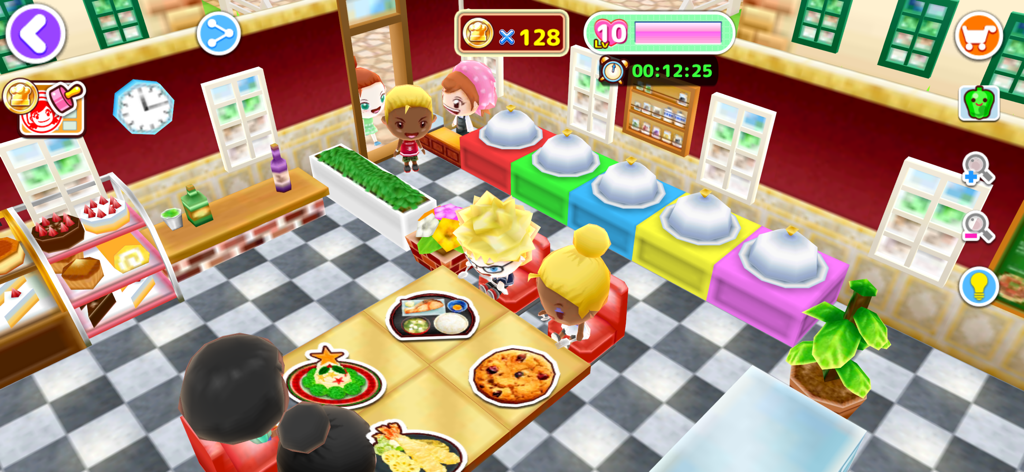 Captura de tela da jogabilidade do restaurante em Cooking Mama Let's cook com clientes em uma mesa