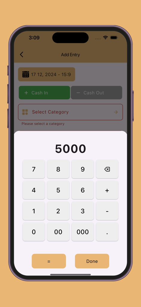 My Expense Manager and Tracker - Numeric keypad overlay for entering cash in or cash out amounts in the expense manager app.