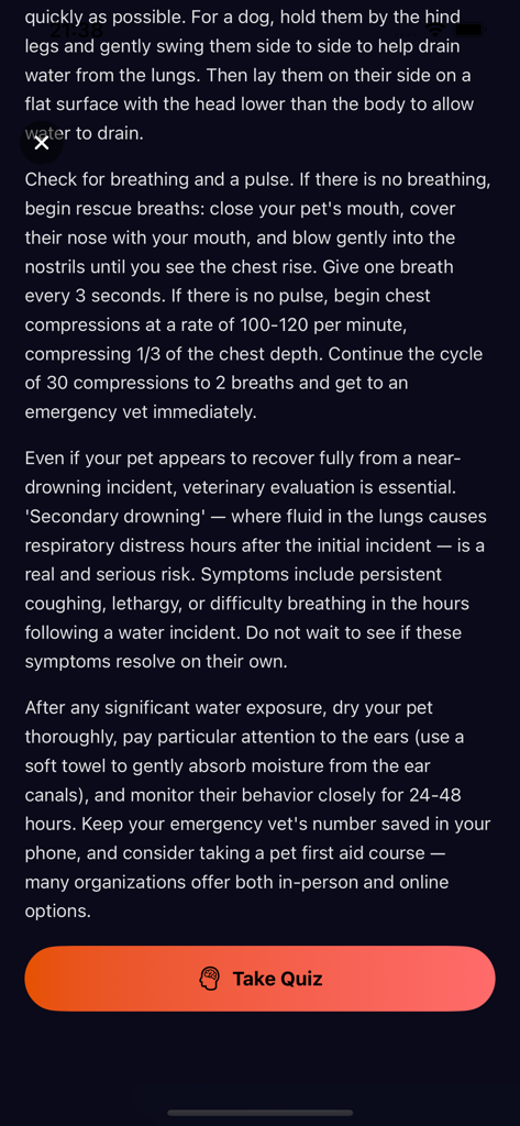 PetRoad-knowledge - Emergency first aid instructions for pet drowning on a mobile app screen
