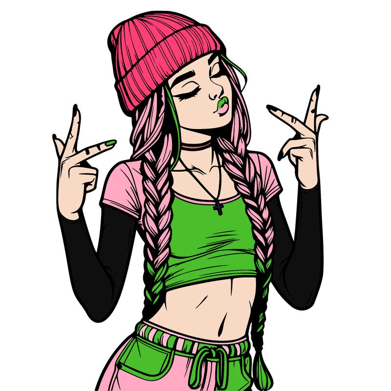 realistic teenage girl with braids and a beanie and crop top doing 🫶🏼
