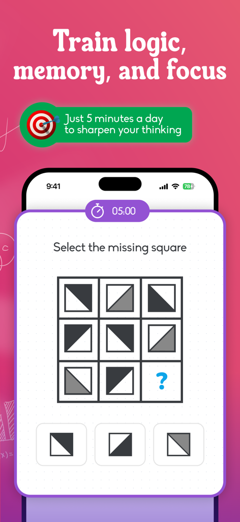 Simbo - IQ & Brain Training - Simbo brain training app interface featuring a logic puzzle game and a five minute timer