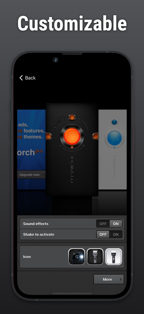 Flashlight ○ - Captura de pantalla de una aplicación móvil que resalta las opciones de personalización para la aplicación Linterna, incluyendo varios skins, efectos de sonido y selecciones de iconos.