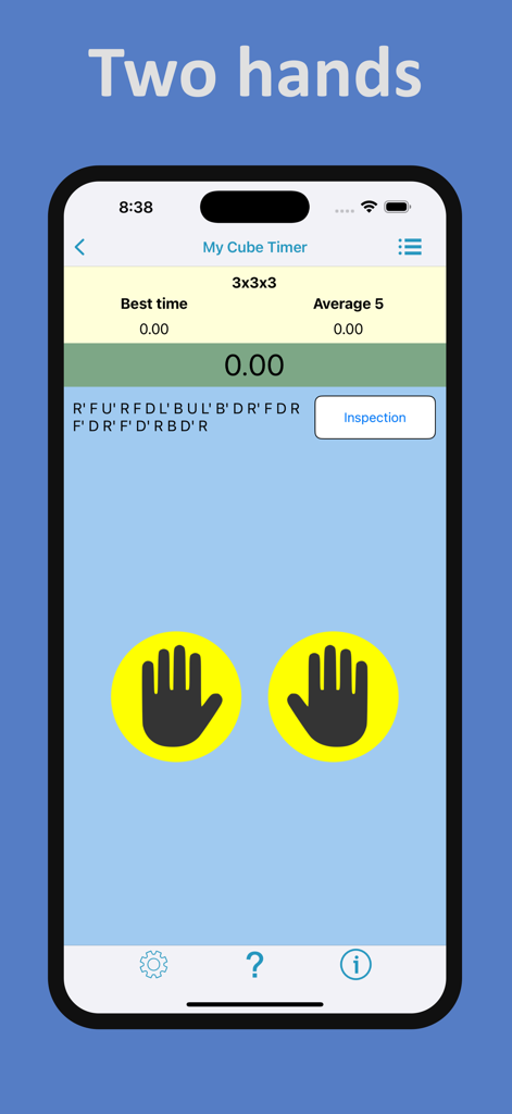 My Cube Timer - Interface of My Cube Timer app showing two hand icons to start the speedcubing timer