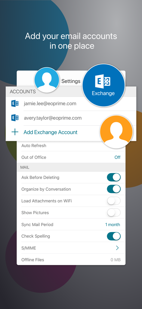 Citrix Secure Mail - Schermata in Citrix Secure Mail per aggiungere più account email e regolare le impostazioni dell'applicazione