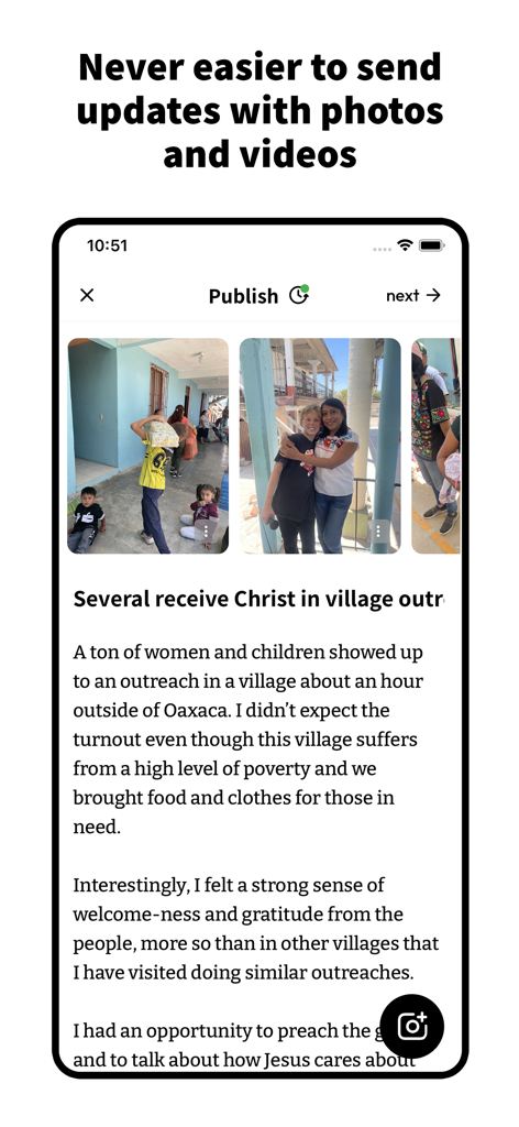Epistle - Epistle app screen for creating missionary updates with photos and text
