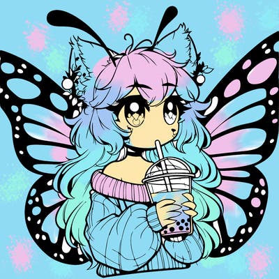 a realistic butterfly/furry girl drinking boba