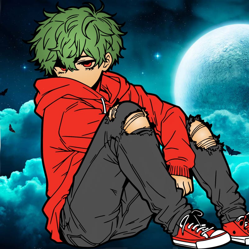 a male hoddie ripped jeans messy hair anime