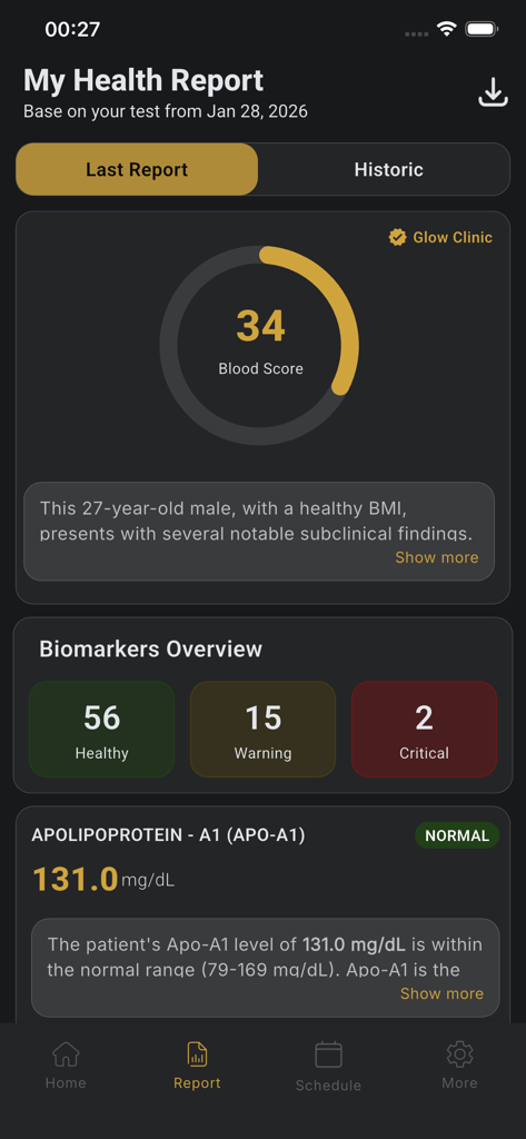 Luma Wellness - Tela do aplicativo Luma Wellness mostrando um relatório de saúde personalizado com visão geral de biomarcadores de pontuação sanguínea e níveis de apolipoproteína