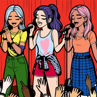 2 realistic teenage girls singing on stage