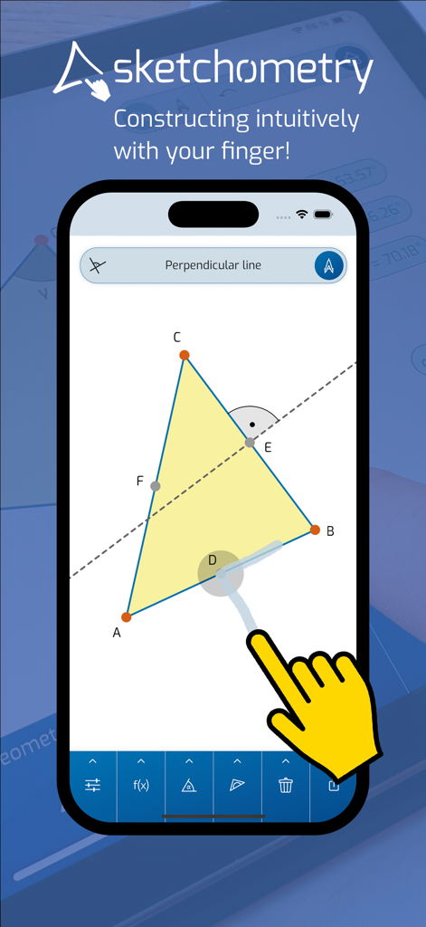sketchometry - A mobile screen showing a geometric triangle being constructed in the sketchometry app using touch gestures.